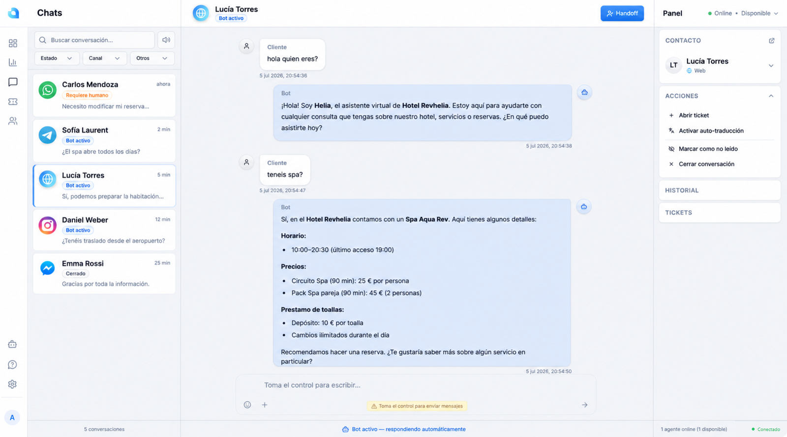 Bandeja multicanal de Helia con conversaciones de Web Widget, WhatsApp, Telegram, Instagram y Messenger