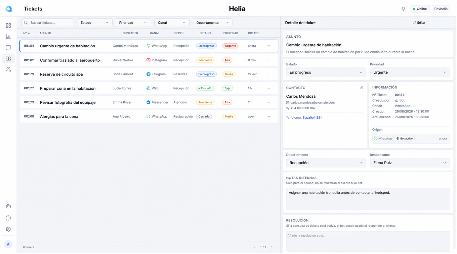 Gestión de tickets de Helia con casos, prioridades, estados, canales y detalle operativo